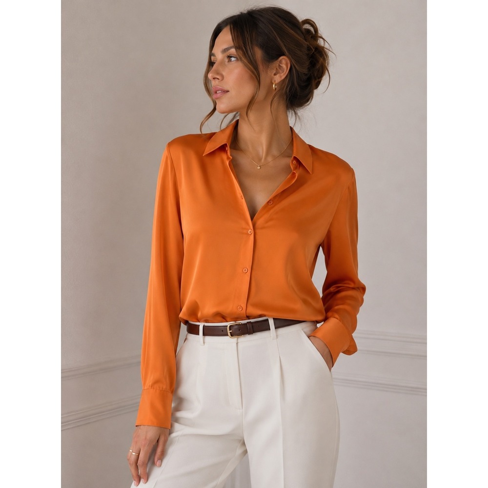 Dorothee Schumacher Orange 100% Silk Long Sleeve Button Down Blouse Size 4